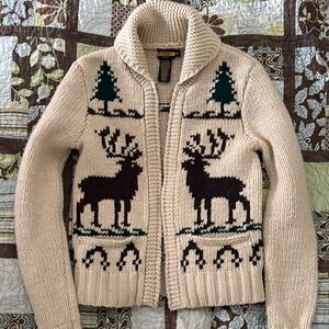 Ralph Lauren Rugby Beige Cardigan with Moose and Tree Design, size XS